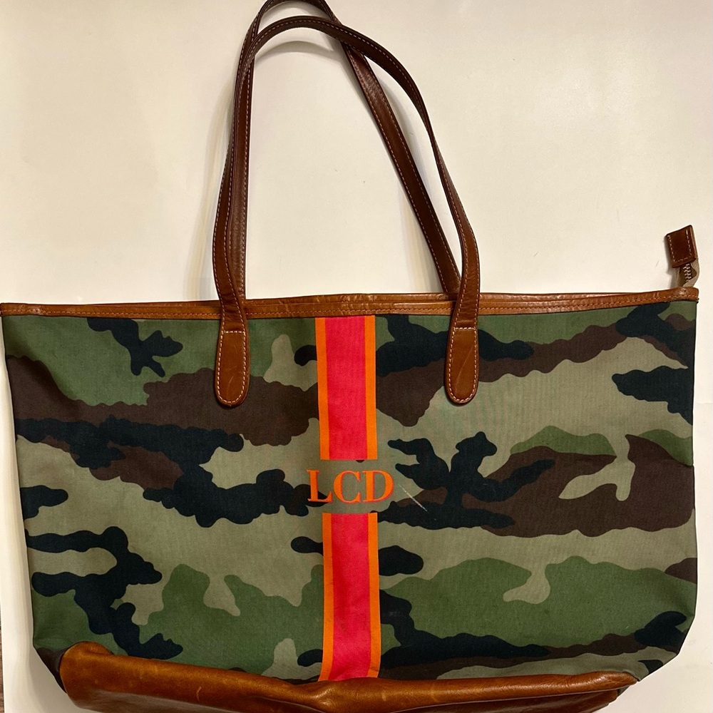 Camouflage Tote Bag with Brown Leather Handles